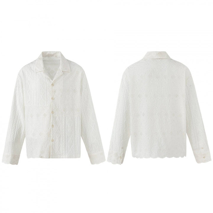 Women's Broderie-Anglaise Shirt Jacket in Boxy Cut with Shirt Collar and Button Placket Mune Fashion