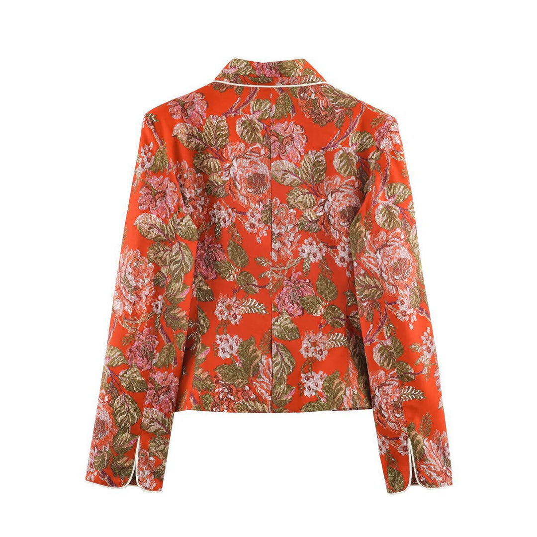 Women's short blazer in brocade jacquard with stand-up collar and piping Mune Fashion