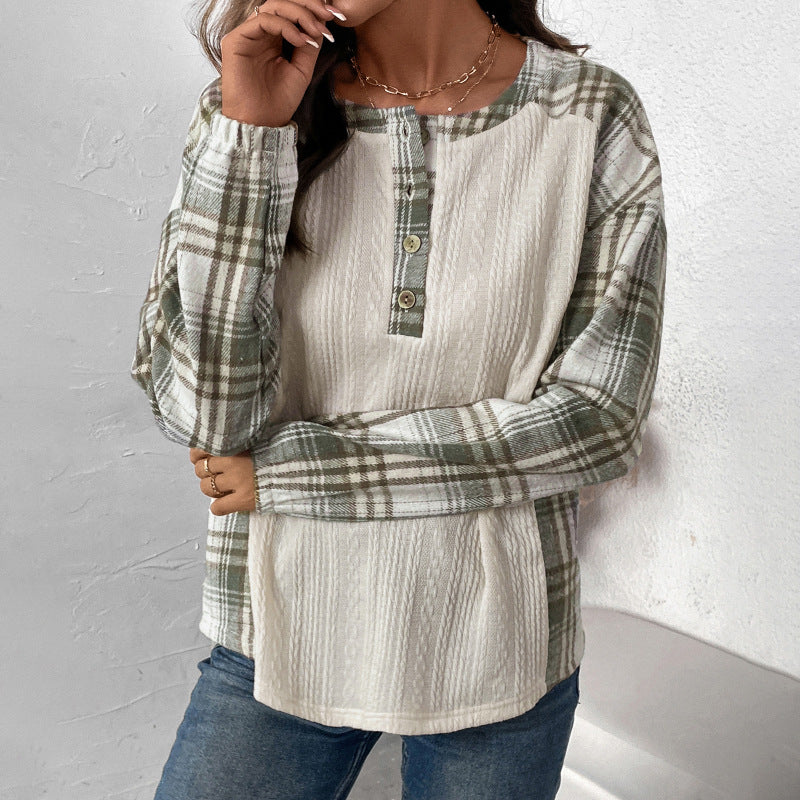 Women's Long-Sleeve Knit Blend Shirt with Checkered Sleeves, Henley Button Placket & Structure Mix Mune Fashion