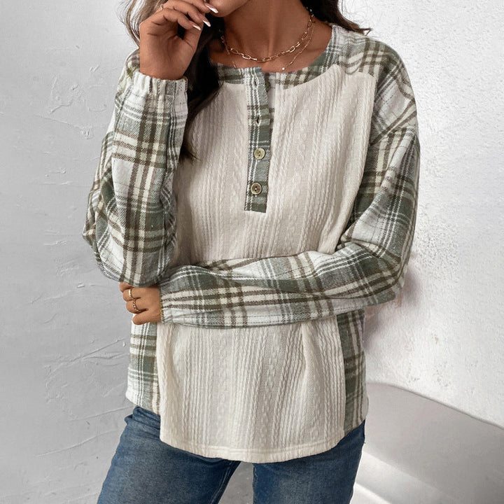 Women's Long-Sleeve Knit Blend Shirt with Checkered Sleeves, Henley Button Placket & Structure Mix Mune Fashion