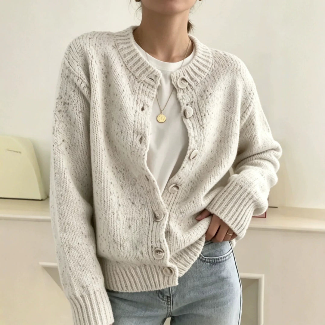 Women's chunky knit short cardigan with round neckline and marled tweed effect Mune Fashion