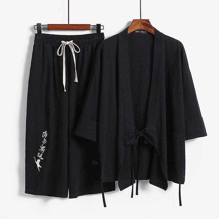 Unisex Lightweight Kimono Loungewear Set made of Cotton-Linen with Embroidered Harem Pants and Tie Belt Mune Fashion