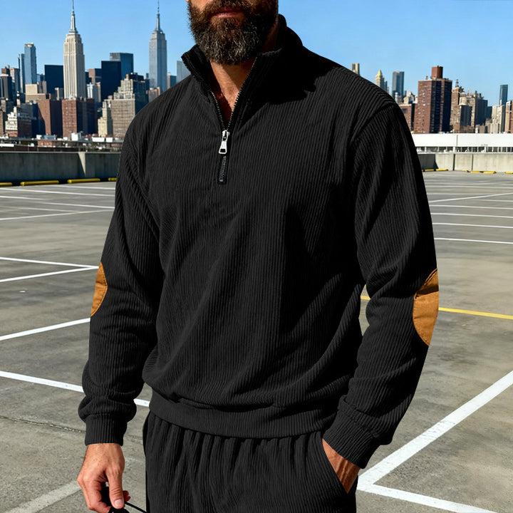 Men's cord structure half-zip pullover in relaxed fit with stand-up collar and elbow patch Mune Fashion