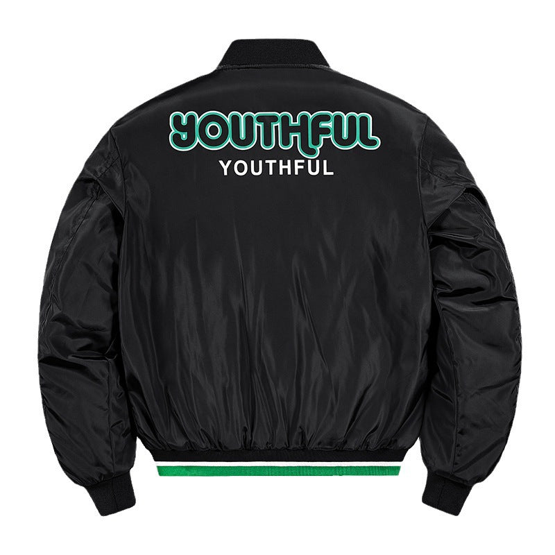 Men's Short Cut Nylon Bomber Jacket with Sporty Shoulder Piping, Logo Applications and Double Zipper Mune Fashion