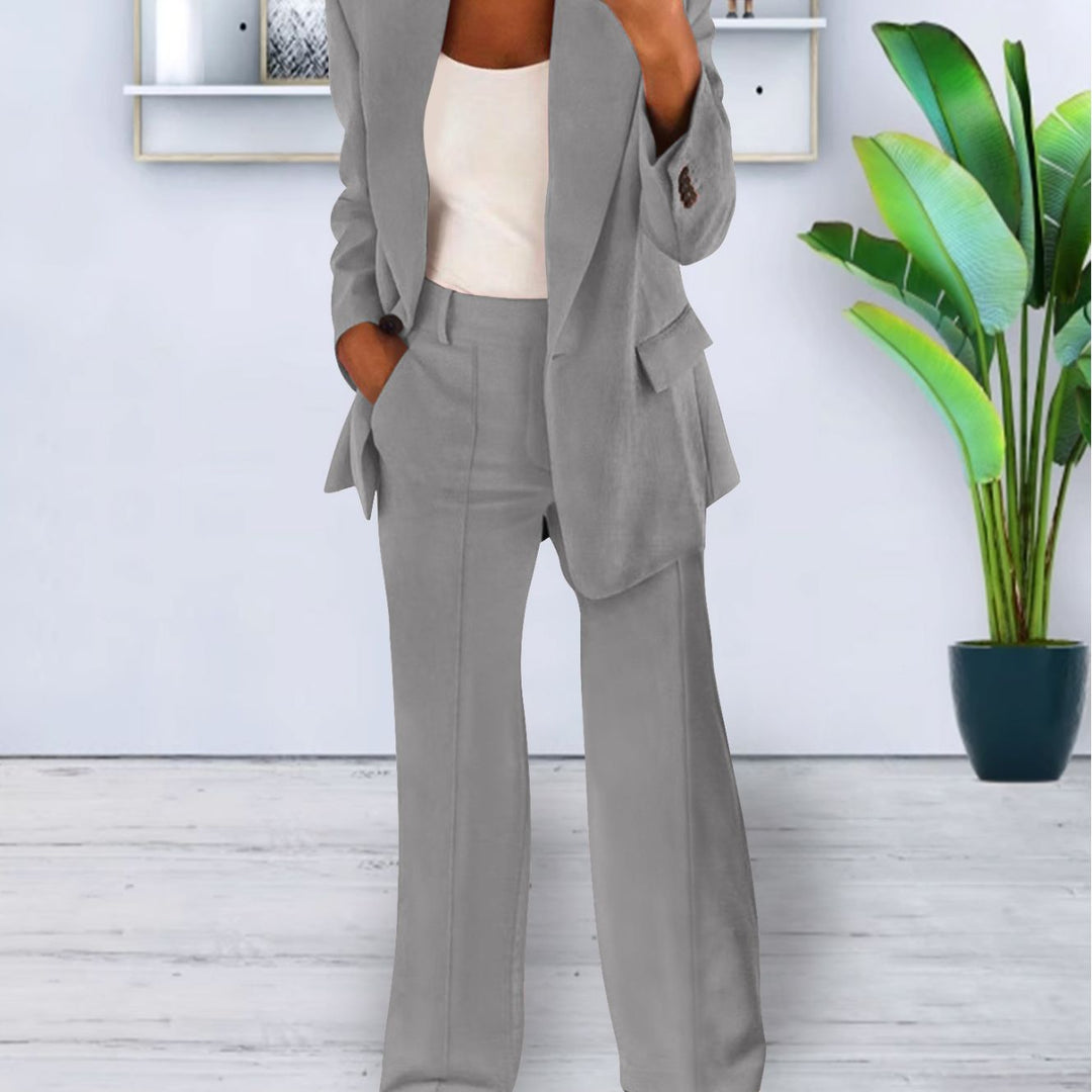 Ladies Two-Piece Business-Casual Tailoring Set with Longline Blazer and Wide Pleated Pants Mune Fashion