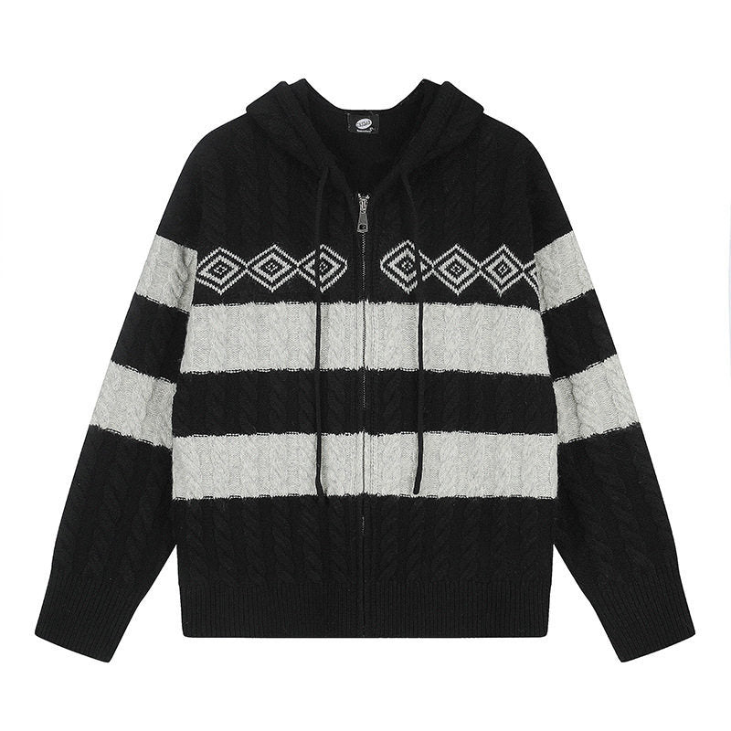 Women's chunky knit hooded cardigan with cable knit, block stripes, and full-length zipper Mune Fashion