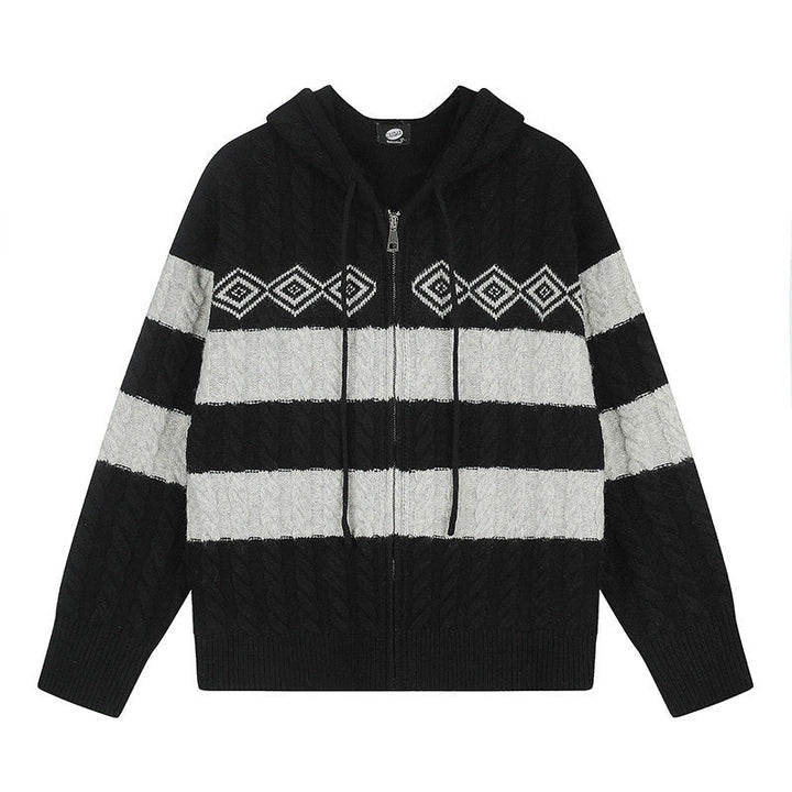 Women's chunky knit hooded cardigan with cable knit, block stripes, and full-length zipper Mune Fashion