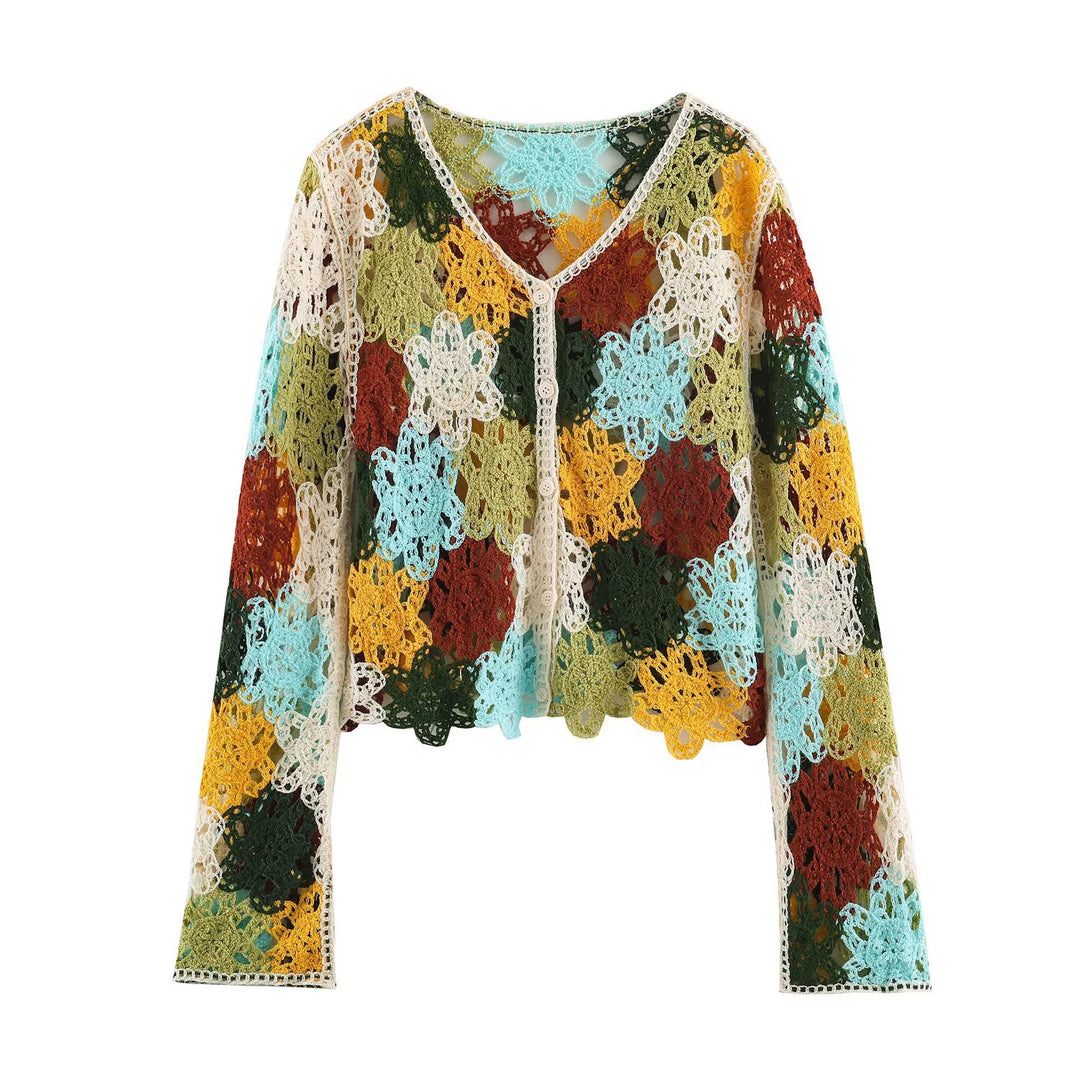 Women's Lightweight Crochet Cardigan with Floral Crochet Patterns and Button Placket Mune Fashion