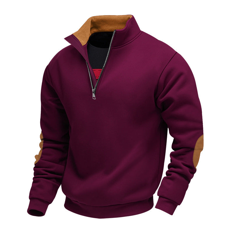 Men's nan Sweatshirt with half zipper, stand collar, and suede elbow patches Mune Fashion