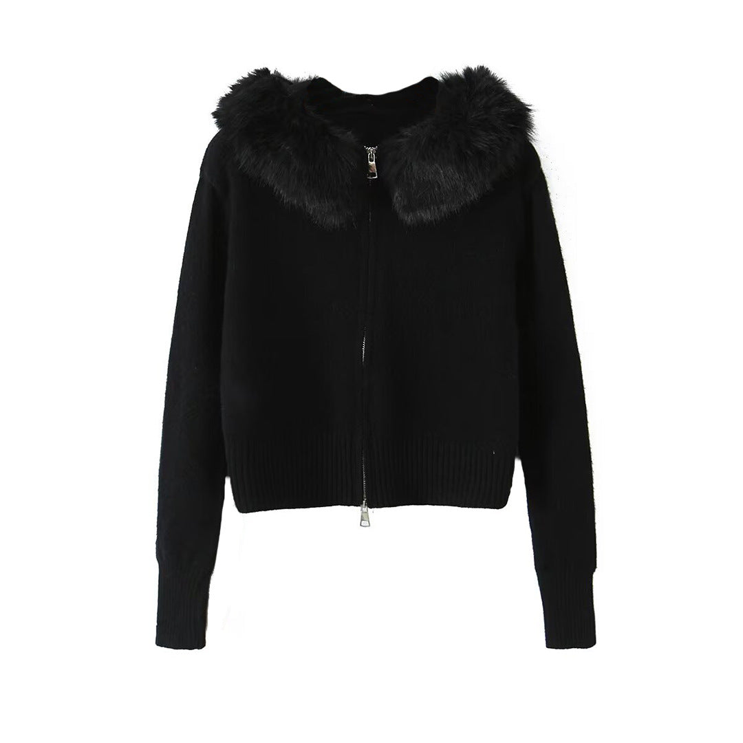 Women Short-Cut Knit Jacket with Zipper and Removable Faux Fur Collar Mune Fashion