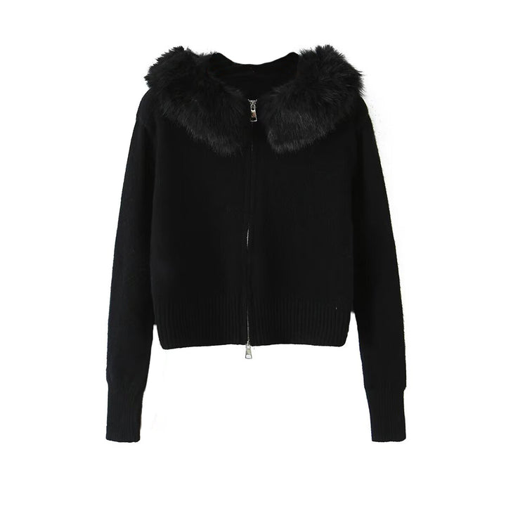 Women Short-Cut Knit Jacket with Zipper and Removable Faux Fur Collar Mune Fashion