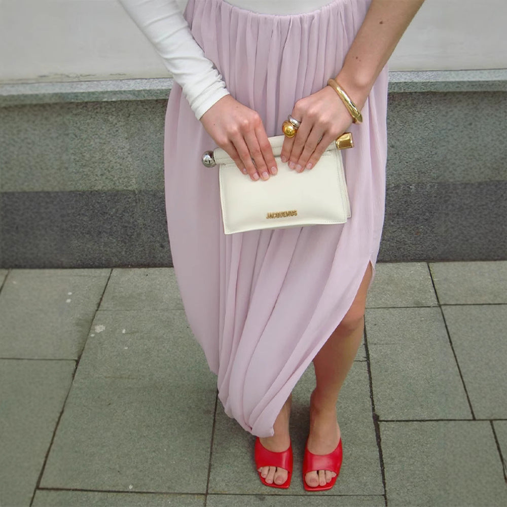 Women Asymmetric One-Shoulder Maxi Dress with Draped Top, Long Pleated Skirt and Leg Slit Mune Fashion