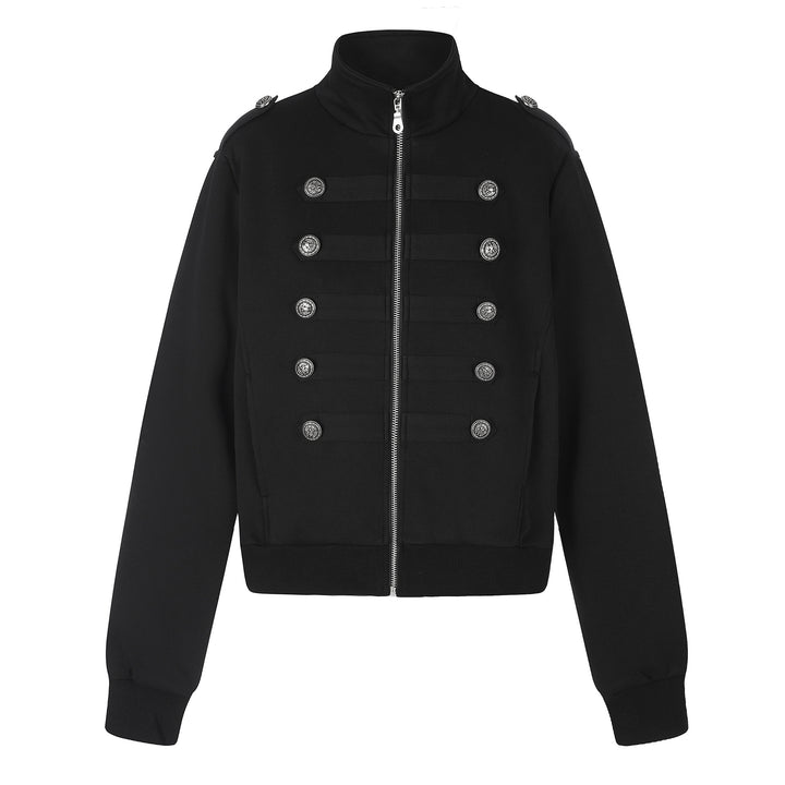 Women's Short Sweat Jacket in Military Style with Stand-Up Collar Mune Fashion