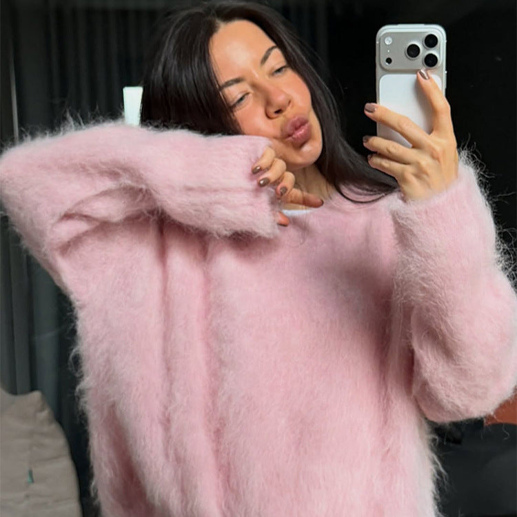 Women's Oversized Mohair Sweater with Fluffy Texture and Round Neckline Mune Fashion