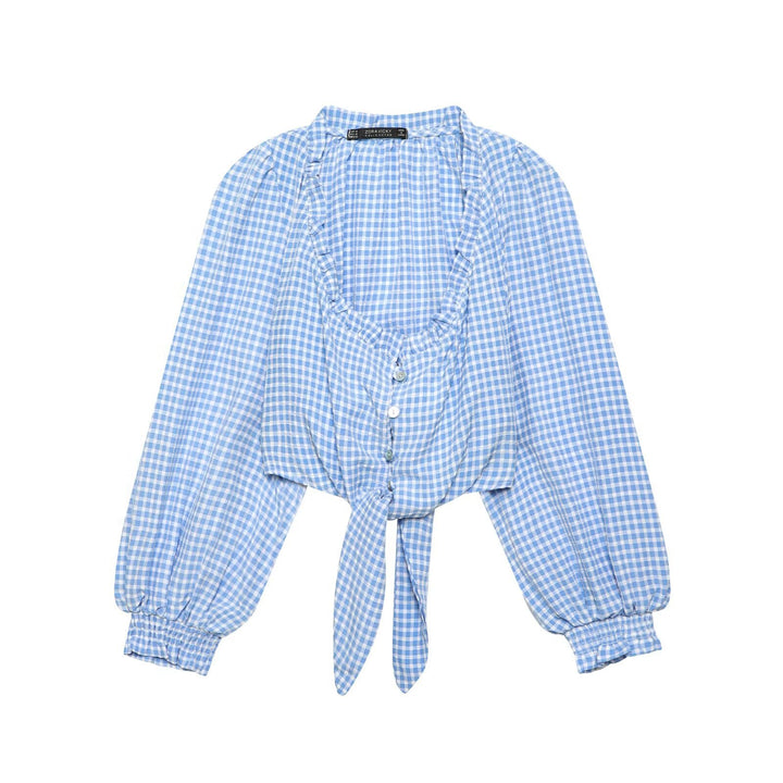 Women's Cropped Tie Shirt with Vichy Check, Ruffle Hem and Balloon Sleeves Mune Fashion