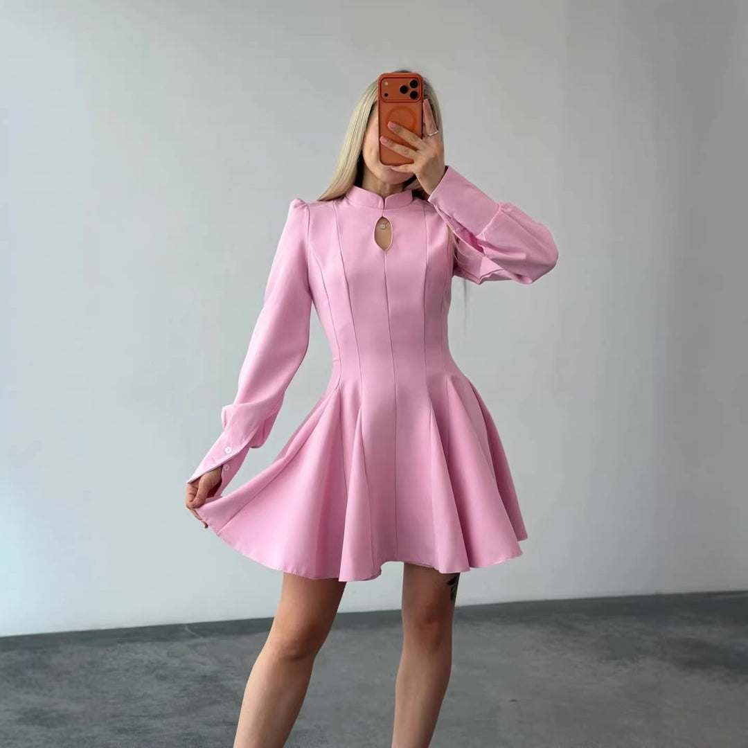 Women A-Line Mini Dress with Stand Collar, Slit Detail and Balloon Sleeves Mune Fashion