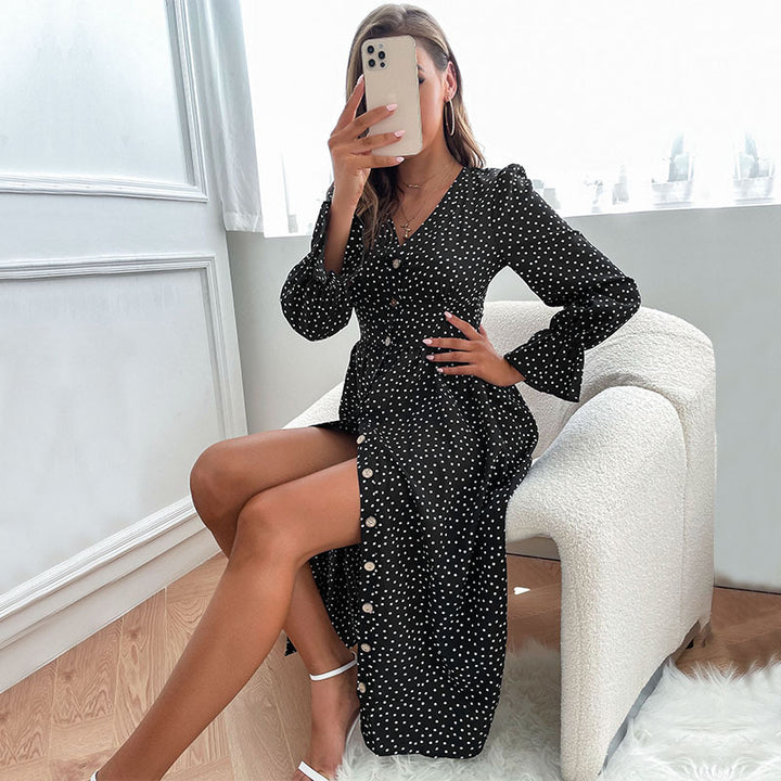 Women Elegant Polka-Dots Dress with Button Details Mune Fashion
