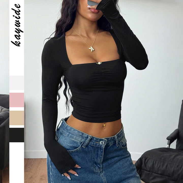 Women’s tailored long-sleeve cropped top with square neckline, figure-hugging fit and delicate decorative button detail Mune Fashion