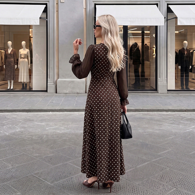 Women Elegant Maxi Dress with Dots and Transparent Sleeves Mune Fashion