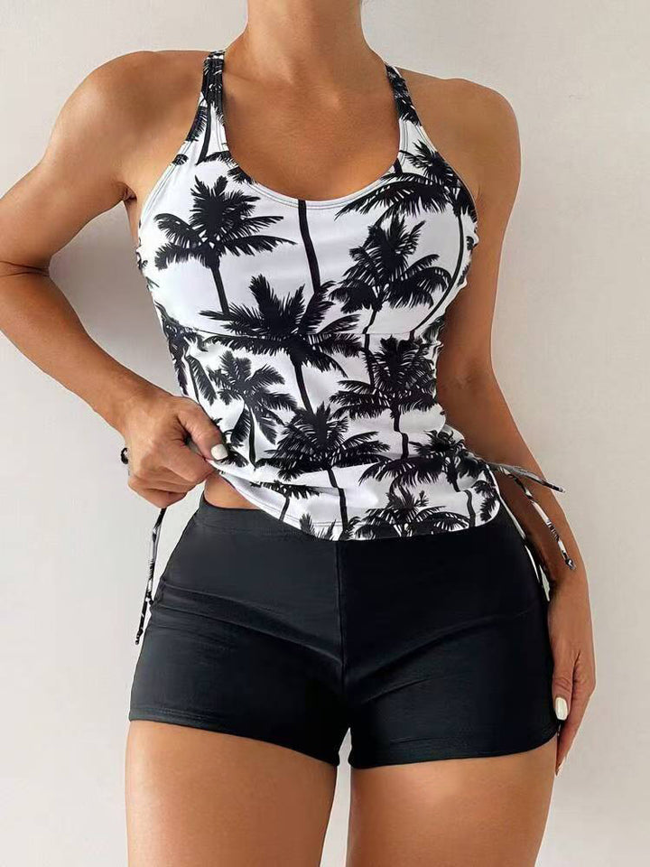 Ladies Sporty Tankini Set with Fashionable Palm Print and High Waist Mune Fashion