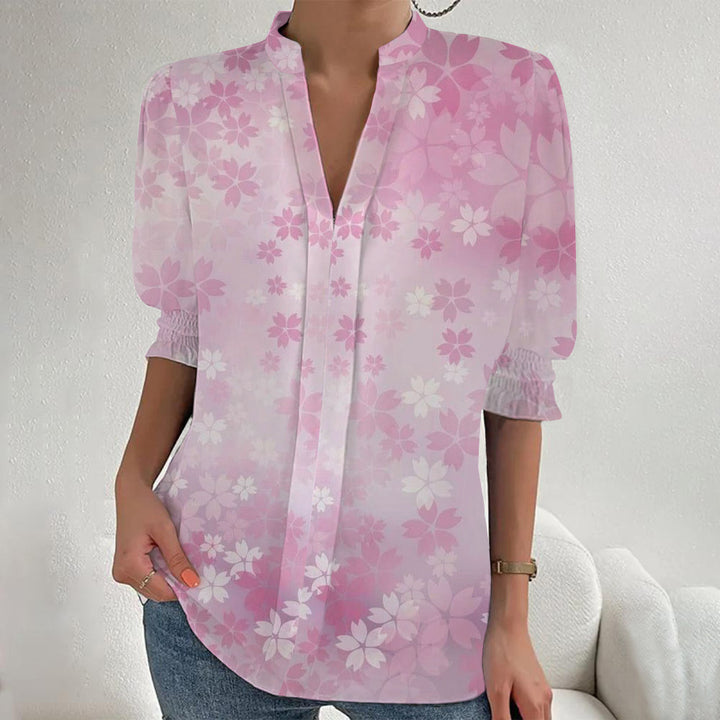 Women Floral Print Tunic Blouse with Stand Collar, Slit V-Placket and Gathered 3/4 Sleeves Mune Fashion