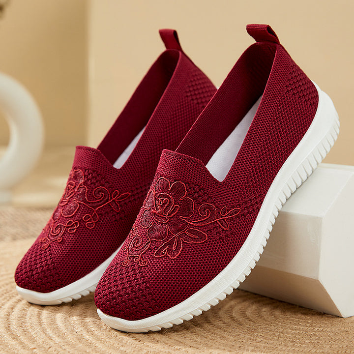 Women's elegant knitted slippers with floral embroidery, elastic entry, and feather-light EVA outsole Mune Fashion