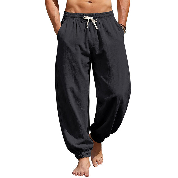 Men's relaxed harem pants made of linen blend with elastic drawstring waistband and gathered ankle closures Mune Fashion