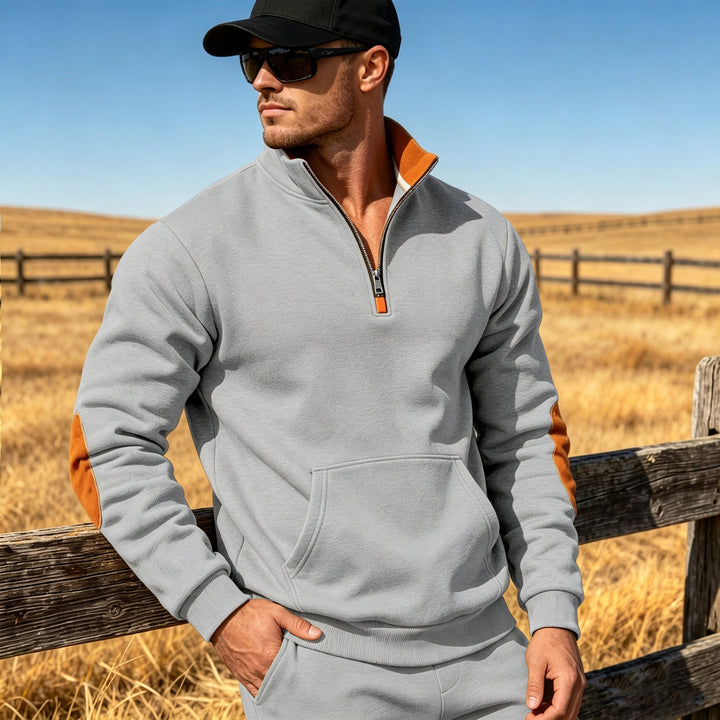Men's Athletic Half-Zip Sweatshirt with Elbow Patches and Kangaroo Pocket Mune Fashion