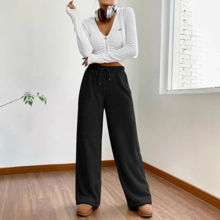 Women's high-waisted teddy fleece lounge pants with wide leg, drawstring, and side pockets Mune Fashion