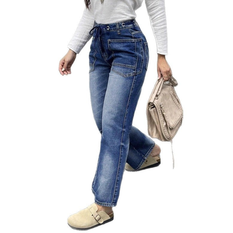 Women's high-waisted jeans with straight leg, drawstring waistband, and patch pockets Mune Fashion