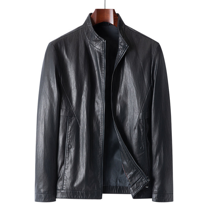 Men's Slim Blouson Leather Jacket with Stand Collar and Hidden Zipper Mune Fashion