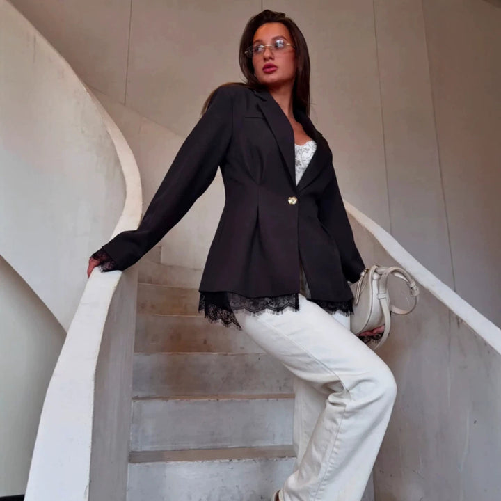 Women's Tailored Blazer with Lace Trim, Structured Shoulder and One-Button Closure Mune Fashion