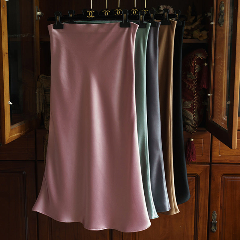 Women Elegant Satin Midi Skirt Mune Fashion
