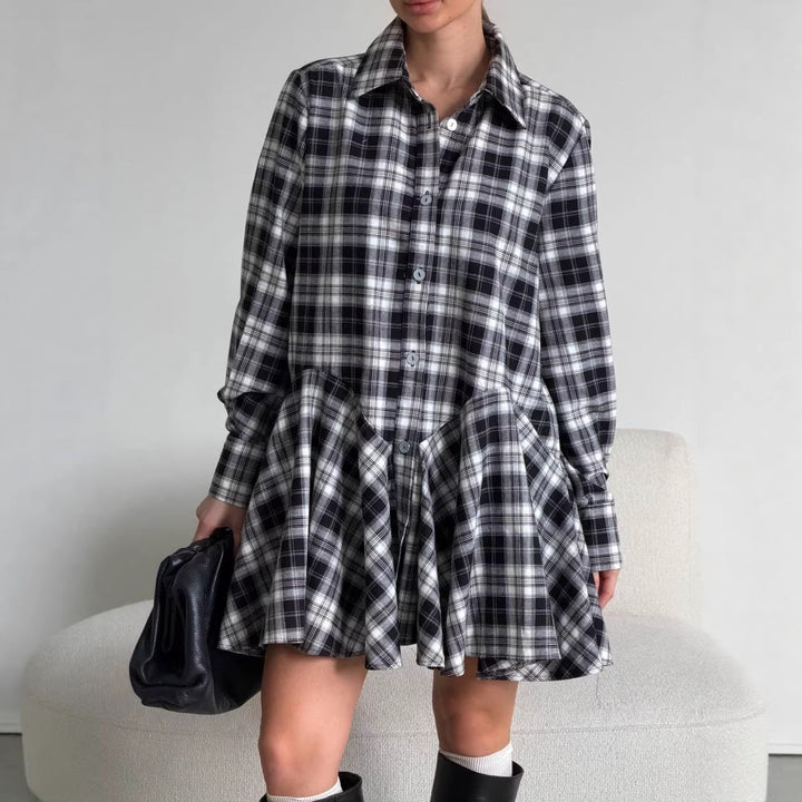Women's Checked Shirt Blouse Mini Dress with Flared Ruffle Waist Mune Fashion