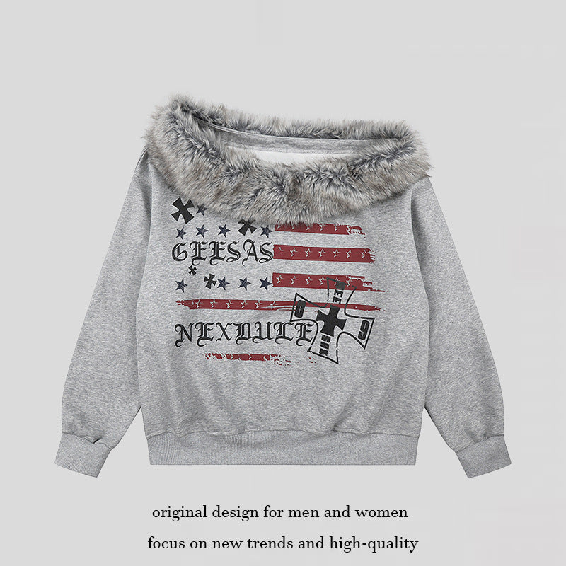 Women's Off-Shoulder Sweatshirt with Fake-Fur Collar, Relaxed Fit and Vintage Flag Print Mune Fashion