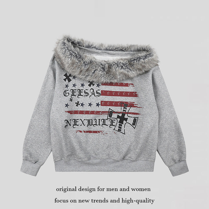 Women's Off-Shoulder Sweatshirt with Fake-Fur Collar, Relaxed Fit and Vintage Flag Print Mune Fashion