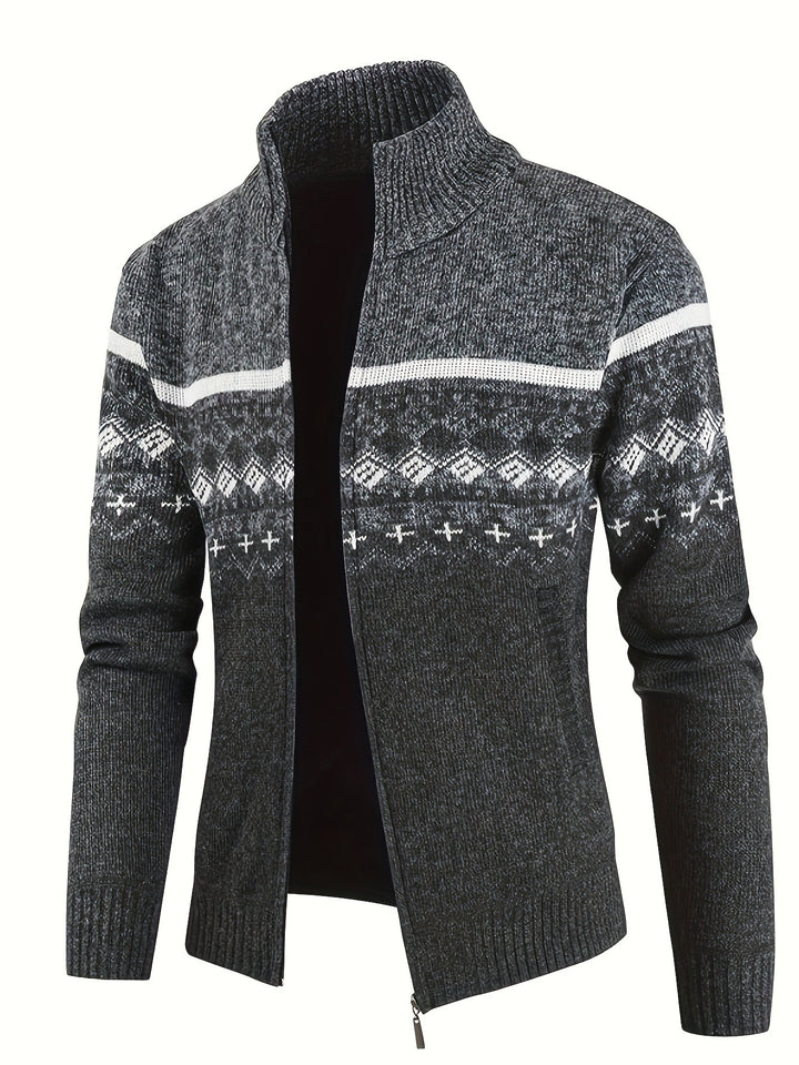 Men's Thermo Cardigan with Stand-up Collar and Zipper Norwegian Knit Fleece-lined Mune Fashion