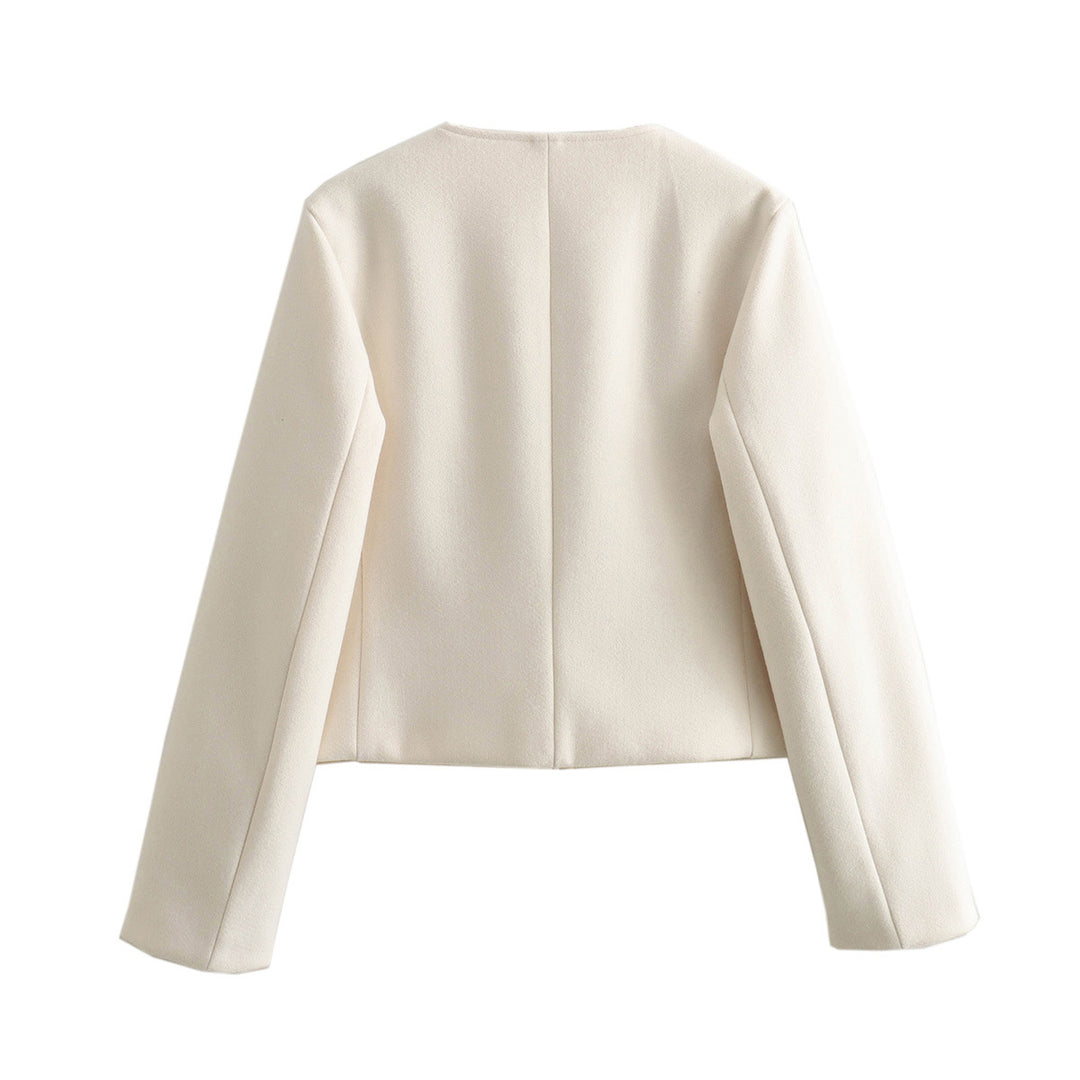 Women's short cut wool look jacket with round neckline and decorative metal button placket Mune Fashion
