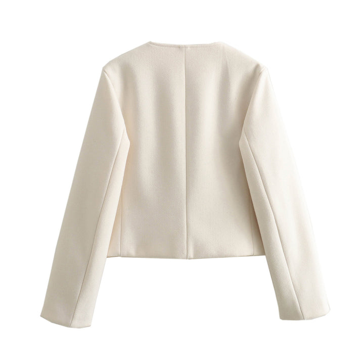 Women's short cut wool look jacket with round neckline and decorative metal button placket Mune Fashion