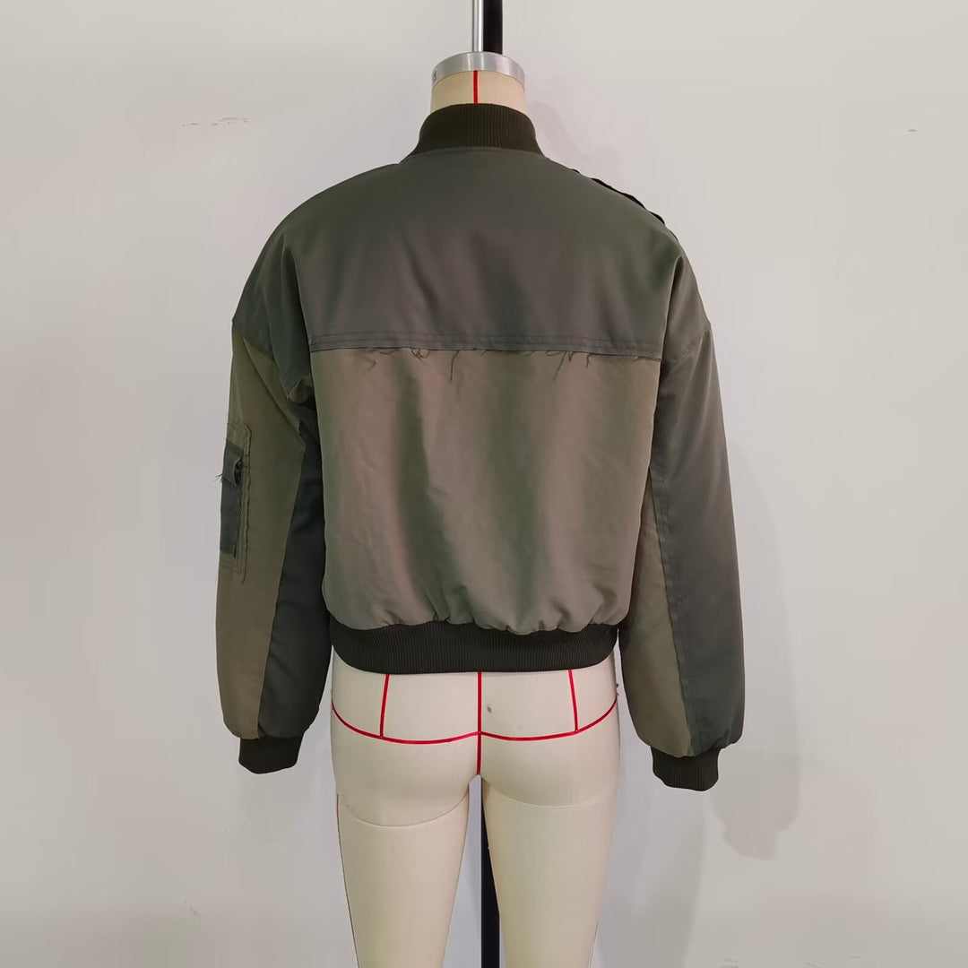 Women's Short Oversized Bomber Jacket with Utility Pockets and Ribbed Cuffs Mune Fashion