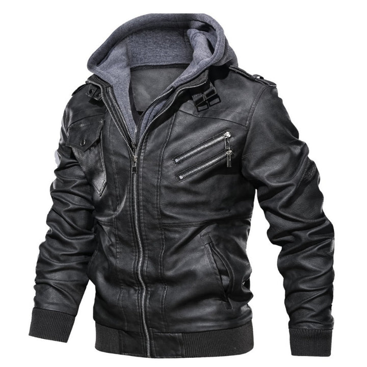 Men's Fashionable Leather Jacket with Removable Hood Mune Fashion