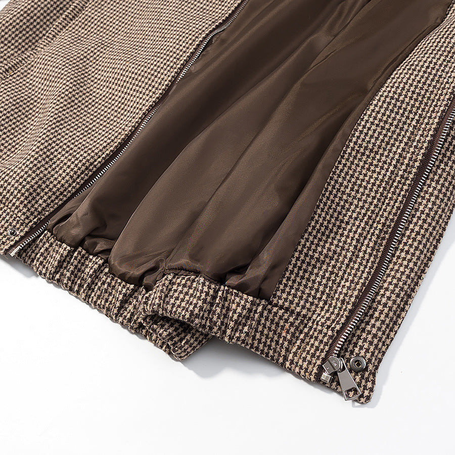 Women’s lightweight houndstooth transitional jacket with high stand-up collar, elastic hem, and concealed zipper Mune Fashion