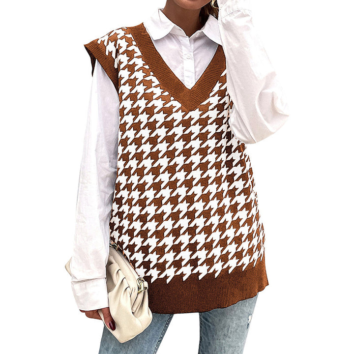 Ladies Oversize Knit Vest with Houndstooth Pattern and Deep V-Neck Mune Fashion