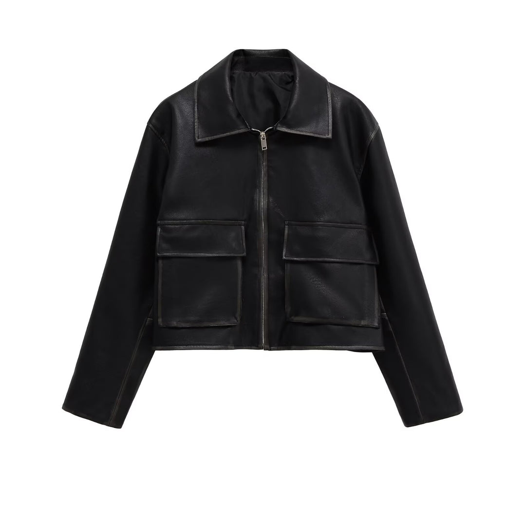 Women's Short Cut Faux Leather Jacket with Large Flap Pockets and Zipper Mune Fashion