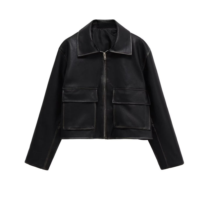 Women's Short Cut Faux Leather Jacket with Large Flap Pockets and Zipper Mune Fashion