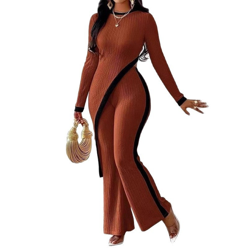 Women's elegant ribbed jumpsuit with asymmetrical wrap look, fitted cut-out, and contrasting side stripes Mune Fashion