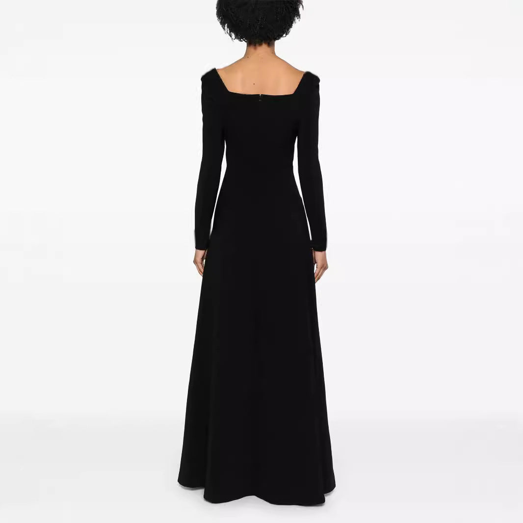 Women's Maxi Length Evening Dress in Minimalist A-Line Cut with Square Neckline and Long Sleeves Mune Fashion