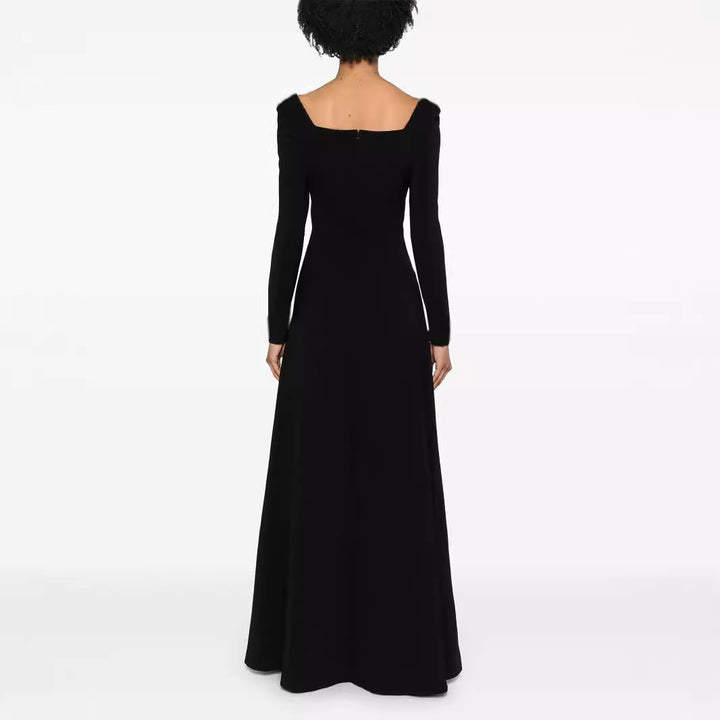 Women's Maxi Length Evening Dress in Minimalist A-Line Cut with Square Neckline and Long Sleeves Mune Fashion