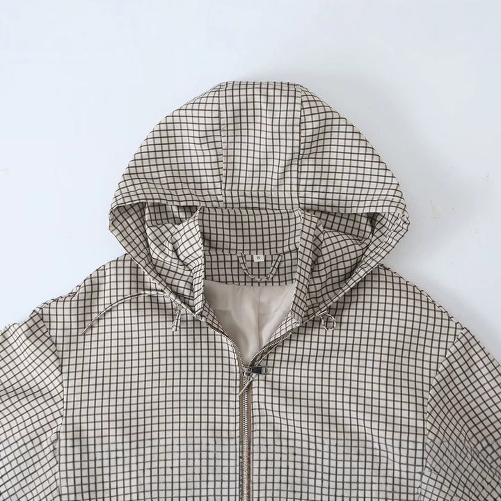 Women Lightweight Hooded Boxy Transitional Jacket with Check Grid Print, Drawstring and Elastic Cuffs Mune Fashion
