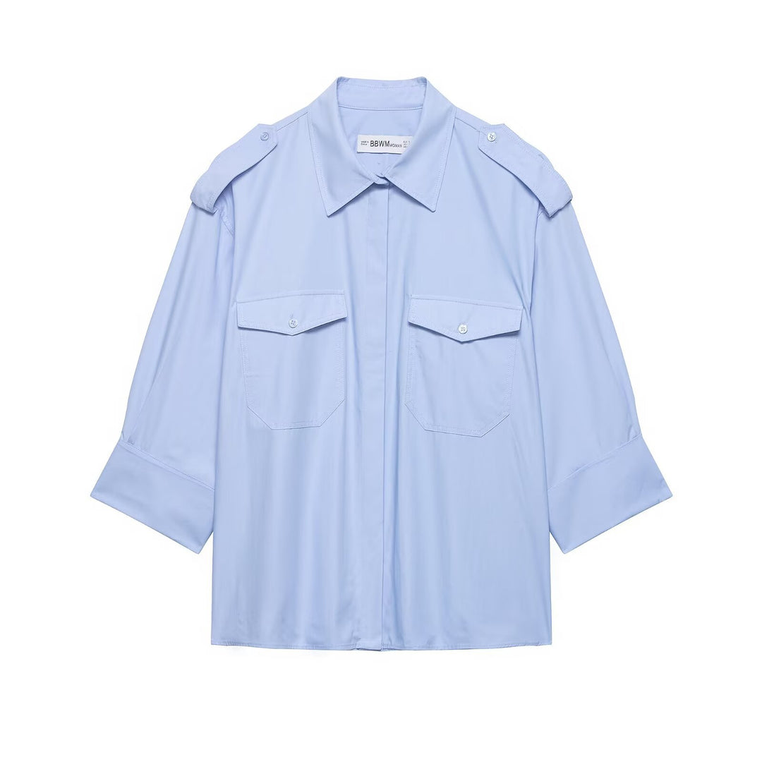 Women’s Oversized Shirt Blouse in Utility Style with Epaulettes and Flap Pockets Mune Fashion